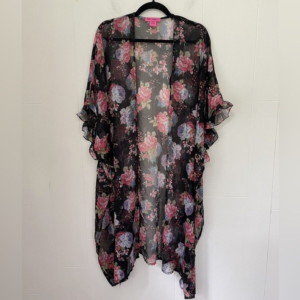 Betsey Johnson Floral Sheer Kimono Duster Swim Cover Up Black Pink One Size - Picture 2 of 6